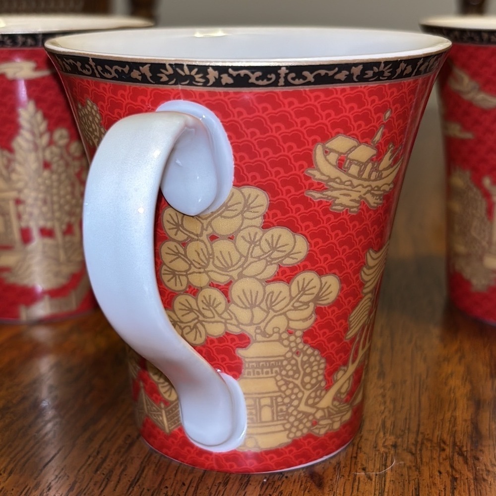 Forbidden‎ City Pagoda Chinoiserie Gold Red Fine China Mugs Set of 3 - Picture 3 of 9